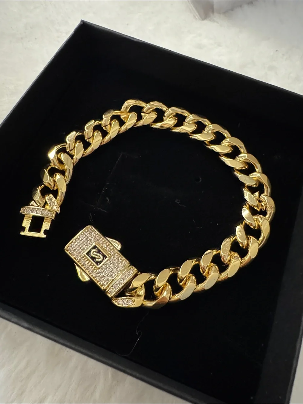 Gold Curb Chain Bracelet with Pavé Lock Accessory